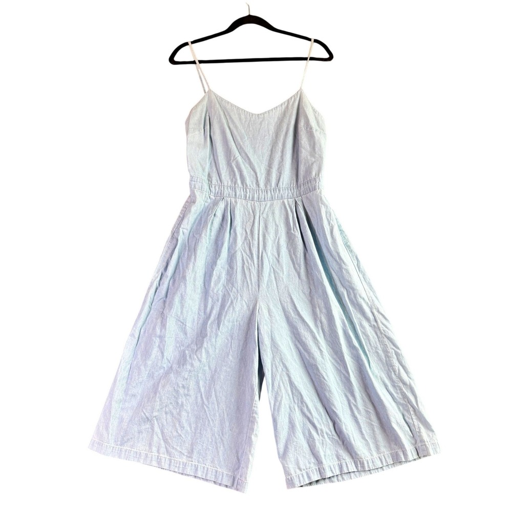 Light Blue Chambray Wide Leg Jumpsuit Spaghetti Strap Romper Culotte Large